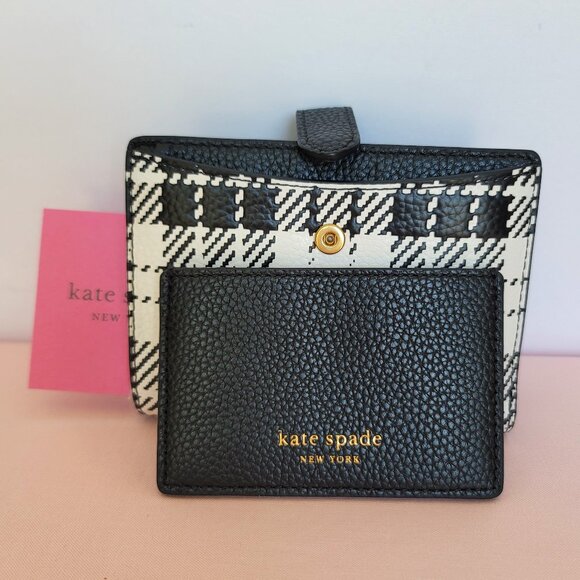 KATE SPADE Hudson SMALL Posh Plaid Embossed Pebbled Leather Bifold Wallet-Black⭐ - Picture 2 of 15
